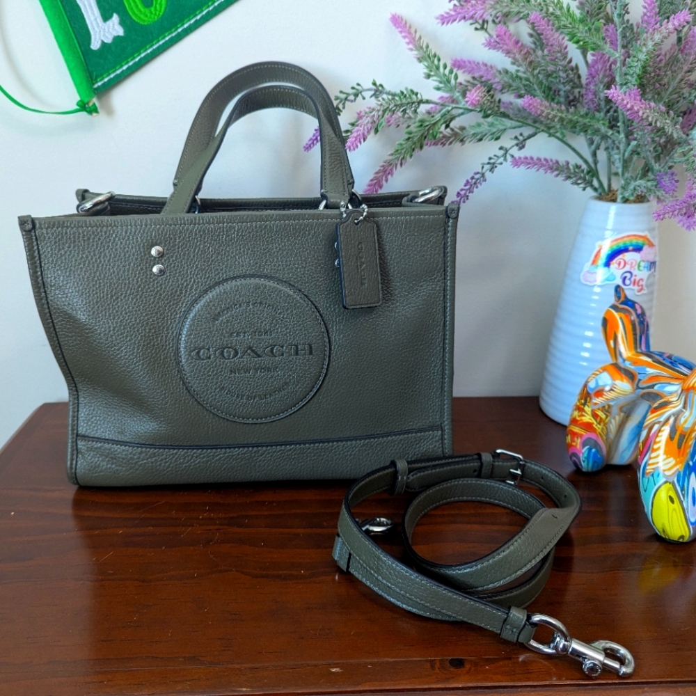 Coach Olive Green Pebbled Leather Tote with Detachable Strap
